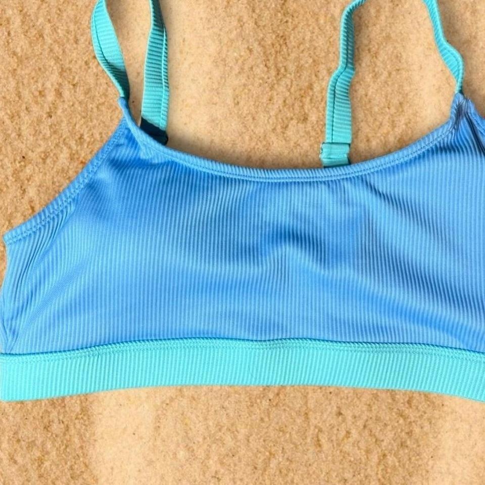 Blue Ribbed Scoop Neck Bikini Top Teal Trim Adjustable Straps Size L